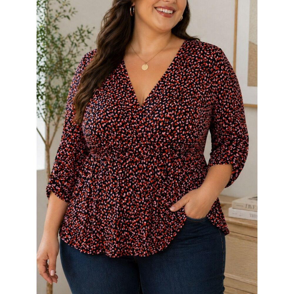 Ophelia Roe 1X Wrap Blouse Peplum V Neck Stretch Pink Red Print Top